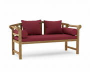 Teak brisbane bench with burgundy cushions on a white background. 