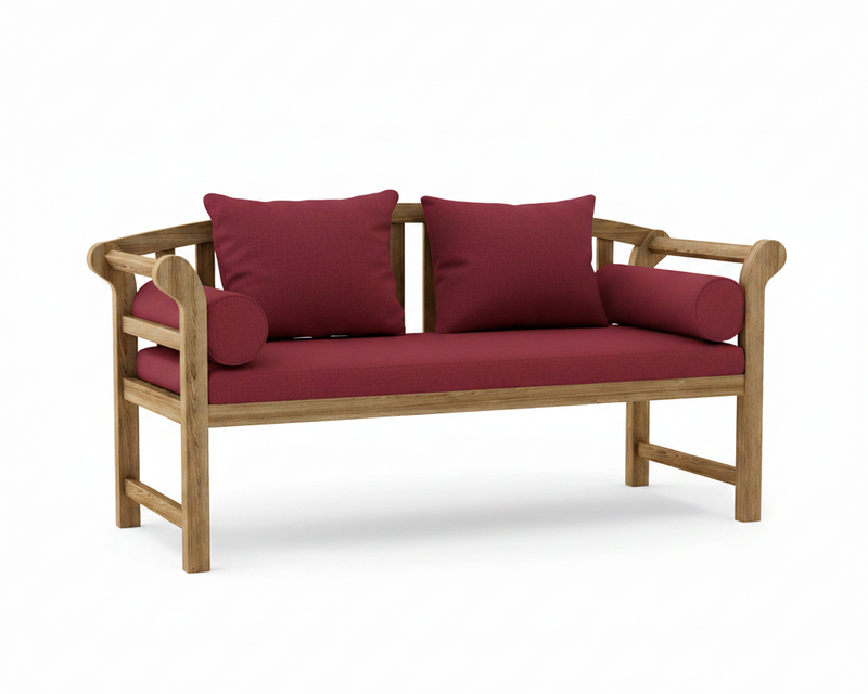 Teak brisbane bench with burgundy cushions on a white background. 