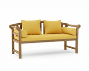 Teak brisbane bench with buttercup cushions on a white background. 