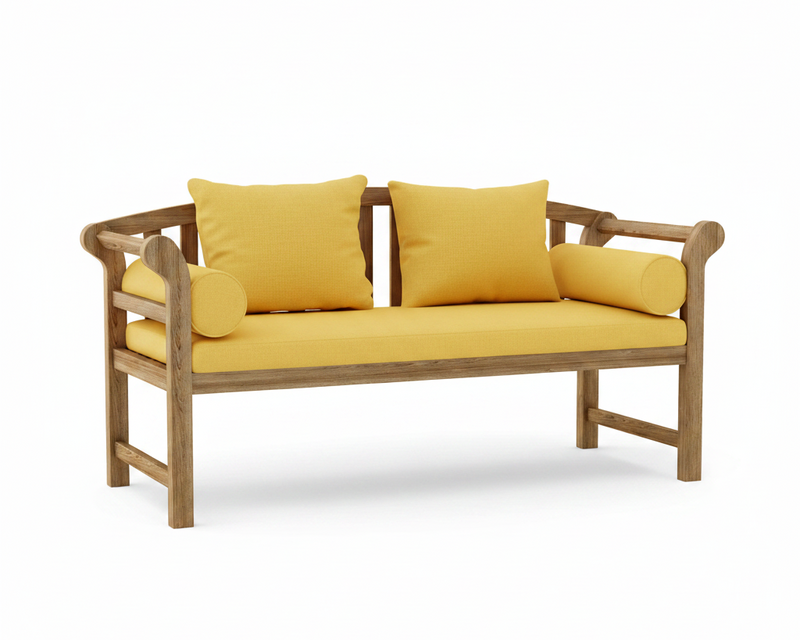 Teak brisbane bench with buttercup cushions on a white background. 