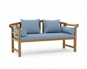 A wooden outdoor bench with light blue cushions, including two back cushions, a seat cushion, and two cylindrical armrest cushions, shown on a white background.