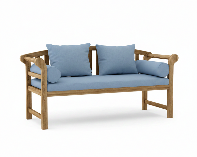 A wooden outdoor bench with light blue cushions, including two back cushions, a seat cushion, and two cylindrical armrest cushions, shown on a white background.