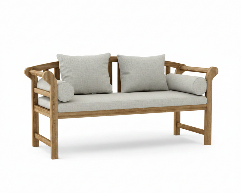 A wooden outdoor bench with a light beige textured fabric seat and back cushions, featuring two square pillows and two cylindrical bolster pillows, shown on a white background.