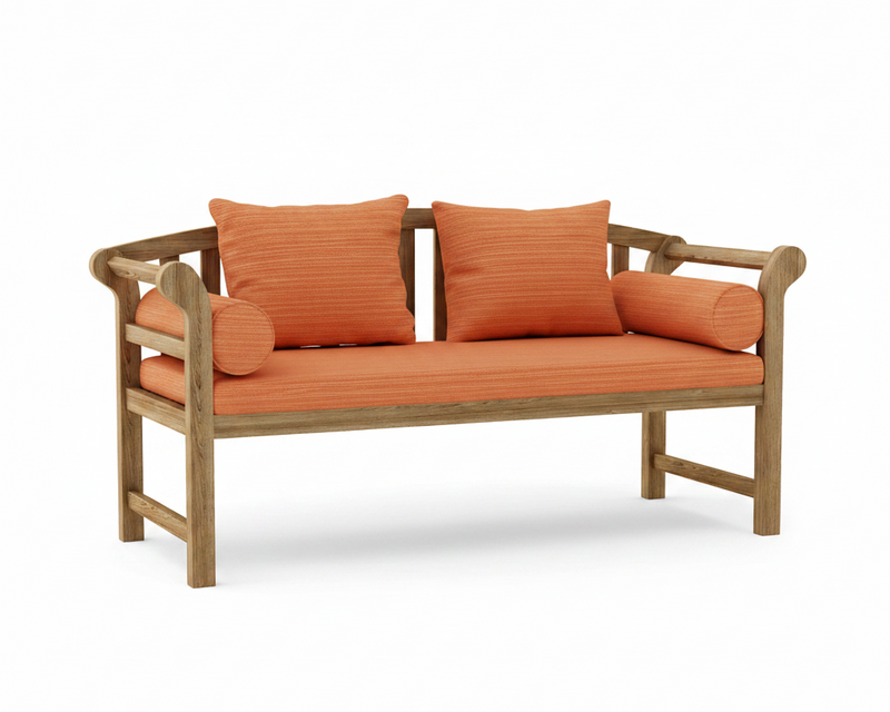 Teak brisbane bench with dupione papaya cushions on a white background.  