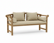 A wooden outdoor loveseat bench with a natural frame and textured beige cushions, including two square back cushions and two cylindrical bolsters, shown on a white background.