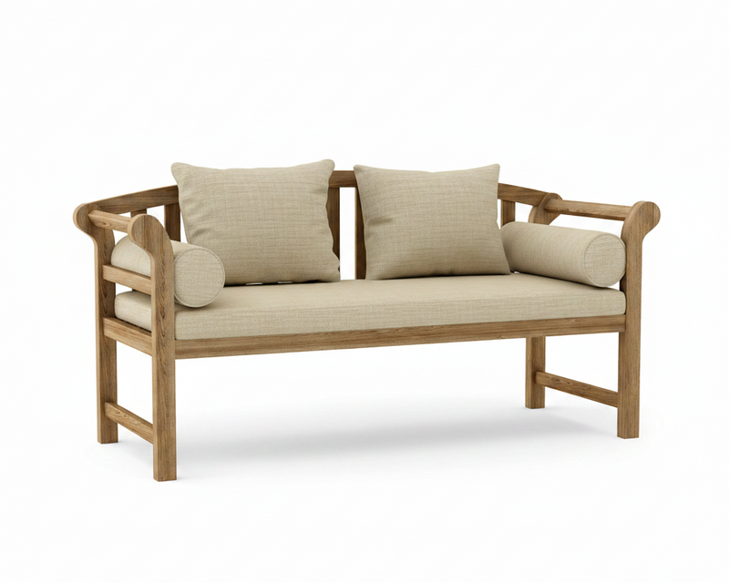A wooden outdoor loveseat bench with a natural frame and textured beige cushions, including two square back cushions and two cylindrical bolsters, shown on a white background.