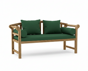A wooden outdoor loveseat with dark green cushions, including a seat cushion, two back cushions, and two cylindrical bolsters, shown on a clean white background.