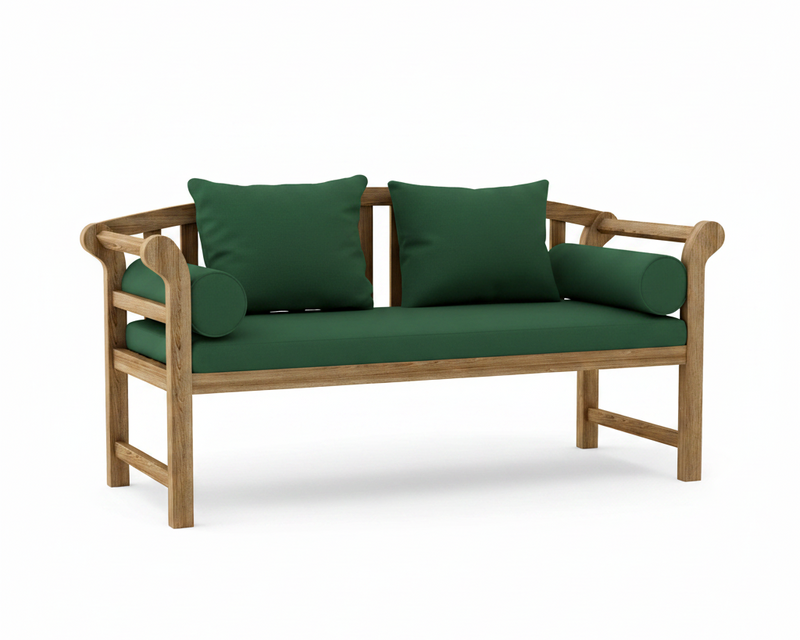 A wooden outdoor loveseat with dark green cushions, including a seat cushion, two back cushions, and two cylindrical bolsters, shown on a clean white background.