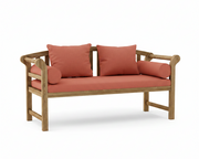 Teak brisbane bench with henna colored cushions on a white background. 