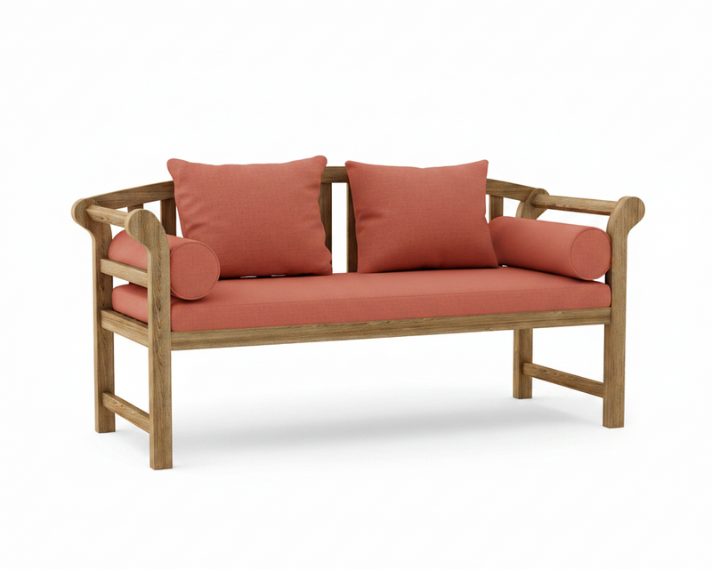 Teak brisbane bench with henna colored cushions on a white background. 
