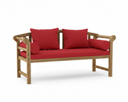 Teak brisbane bench with jockey red cushions on a white background.  