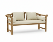 A wooden outdoor bench with a light natural wood frame and cream-colored cushions, including two square back cushions and two cylindrical bolsters, shown on a solid white background.