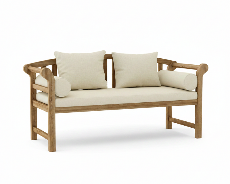 A wooden outdoor bench with a light natural wood frame and cream-colored cushions, including two square back cushions and two cylindrical bolsters, shown on a solid white background.