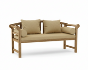A wooden outdoor bench with a light natural frame and beige textured cushions, including two square back cushions and two cylindrical bolsters, shown on a white background.