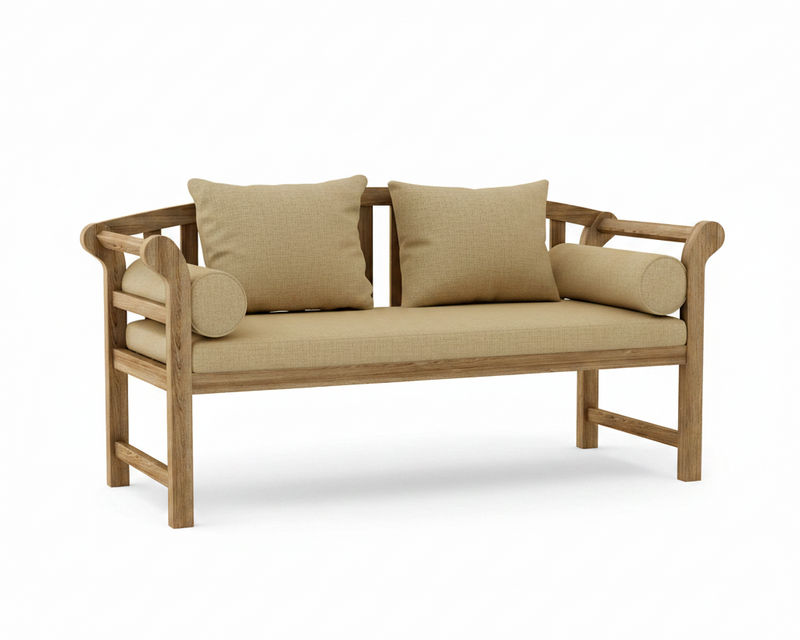 A wooden outdoor bench with a light natural frame and beige textured cushions, including two square back cushions and two cylindrical bolsters, shown on a white background.