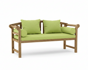 A wooden outdoor bench with a natural oak frame and lime green cushions, including two square back cushions and two cylindrical bolsters, shown on a white background.