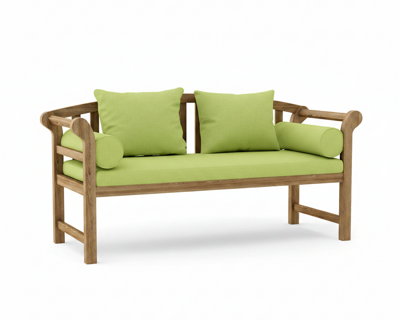 A wooden outdoor bench with a natural oak frame and lime green cushions, including two square back cushions and two cylindrical bolsters, shown on a white background.