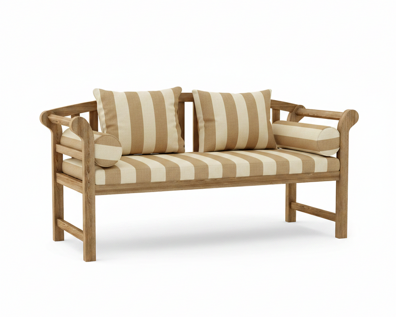 Teak brisbane bench with maxim heather beige cushions on a white background.  