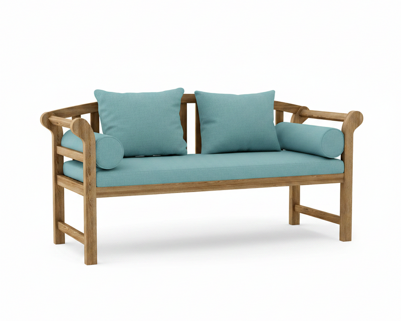 Teak brisbane bench with mineral blue cushions on a white background.  