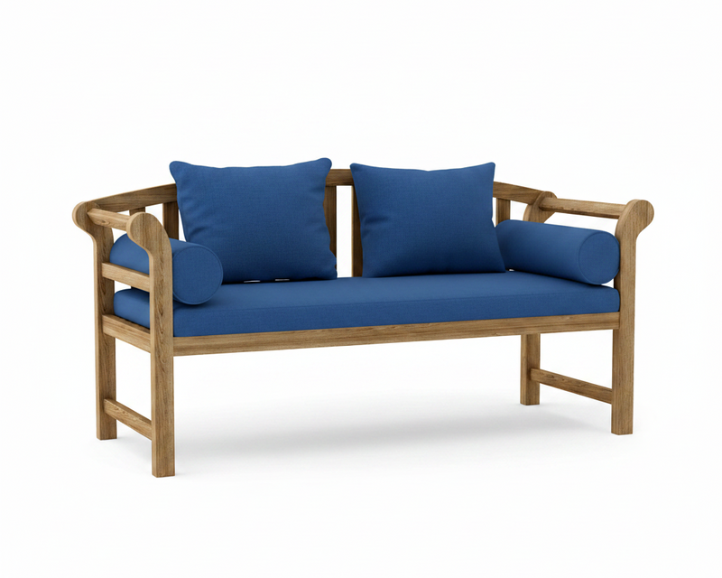 A wooden outdoor loveseat with blue cushions, including two square back cushions, a long seat cushion, and two cylindrical bolsters, shown on a white background.