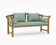 A wooden outdoor loveseat with a natural wood frame and sage green cushions, including two back cushions and two cylindrical bolsters, shown on a white background.