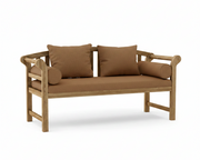Teak brisbane bench with teak cushions on a white background.  