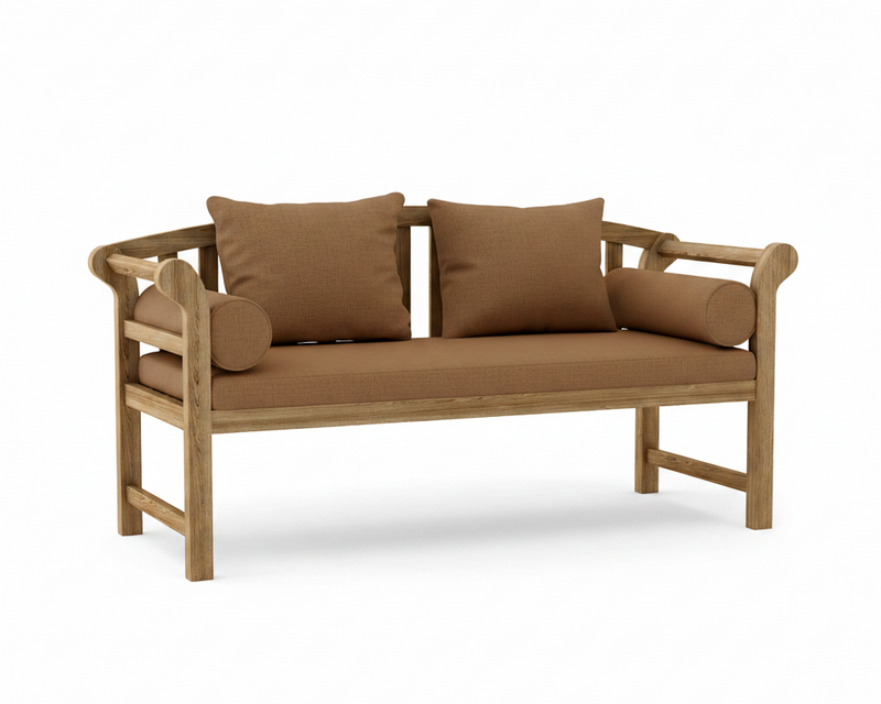 Teak brisbane bench with teak cushions on a white background.  