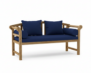 A wooden outdoor bench with navy blue cushions, including two square back cushions, a rectangular seat cushion, and two cylindrical lumbar cushions, shown on a white background.