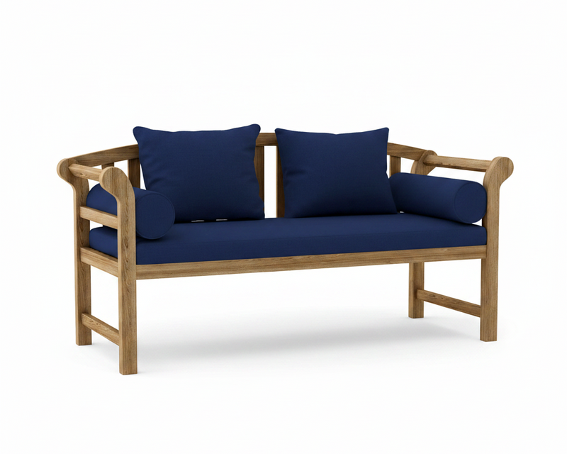 A wooden outdoor bench with navy blue cushions, including two square back cushions, a rectangular seat cushion, and two cylindrical lumbar cushions, shown on a white background.
