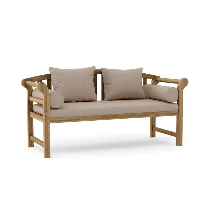 Wooden bench with beige cushions on a white background