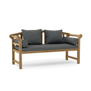 Teak brisbane bench with cast charcoal cushions on a white background.  