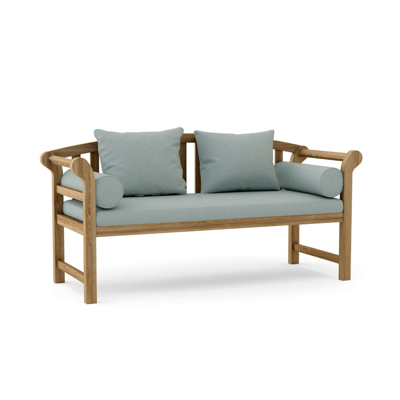 Teak brisbane bench with cast mist cushions on a white background.  