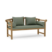 Wooden bench with green cushions on a white background
