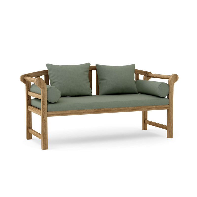 Wooden bench with green cushions on a white background