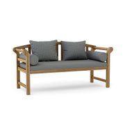 Teak brisbane bench with cast slate cushions on a white background.  