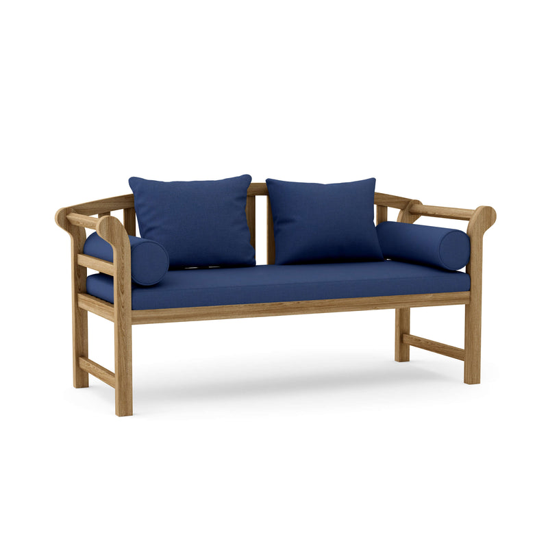Teak brisbane bench with navy cushions on a white background. 