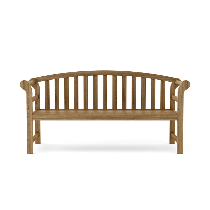 Teak brisbane bench front view on white background. 