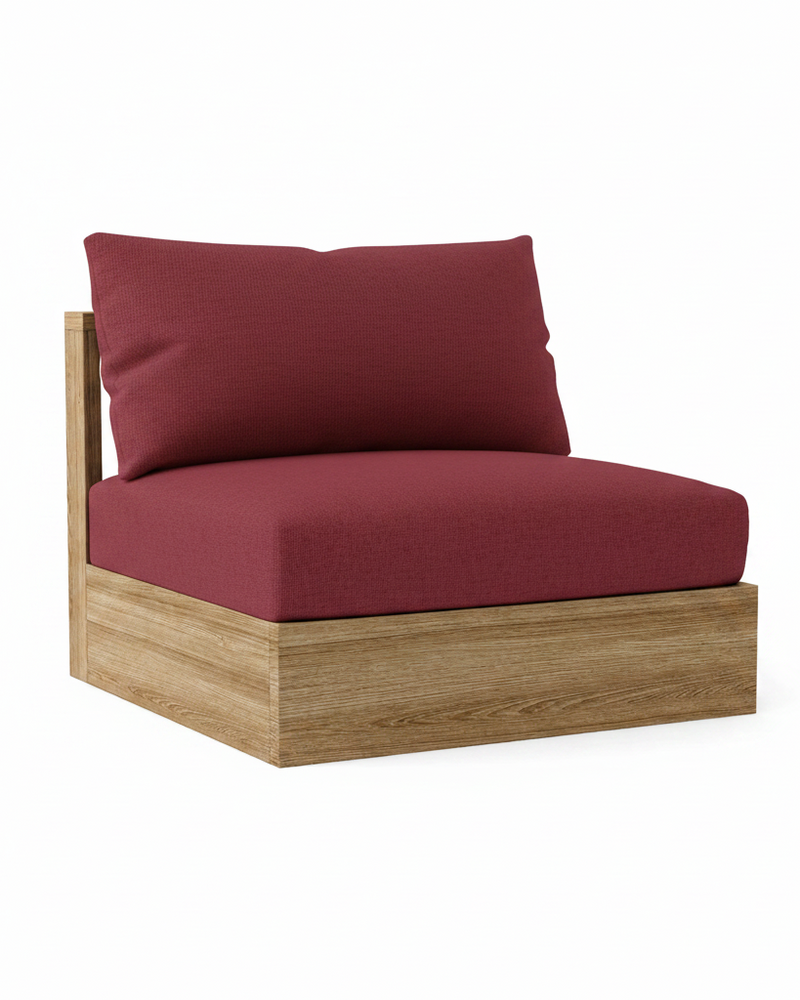 A modern outdoor lounge chair with a square wooden frame, featuring deep burgundy cushions on the seat and backrest, shown against a plain white background.