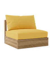 A modern outdoor lounge chair with a mustard yellow cushioned seat and backrest, supported by a weather-resistant brown wood-look frame, shown on a solid white background.