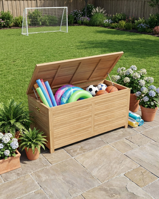 A wooden toy storage box with its lid open, filled with colorful pool toys, soccer balls, and basketballs, set on a stone patio in a backyard with a green lawn, potted plants, and a soccer goal in the background.