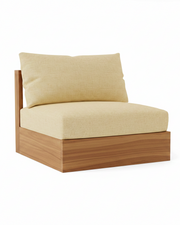 A modern low-profile lounge chair with a light beige textured fabric cushion and backrest, supported by a solid medium-brown wooden base, shown on a plain white background.