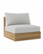 A modern outdoor lounge chair with a light gray textured fabric cushion and a natural wood frame, shown on a solid white background.