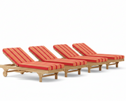 Four wooden lounge chairs with red striped cushions on a white background