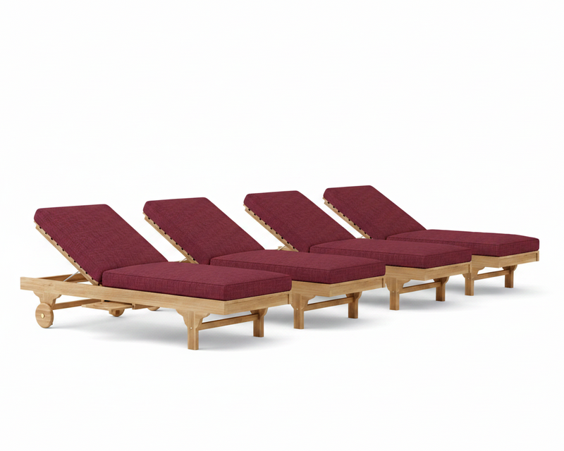 Four wooden lounge chairs with red cushions on a white background