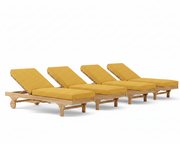 Four yellow lounge chairs with wooden frames on a white background