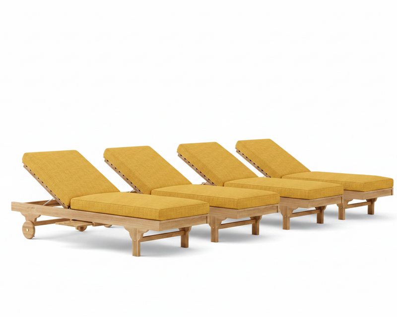 Four yellow lounge chairs with wooden frames on a white background