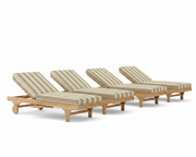 Four wooden lounge chairs with striped cushions on a white background