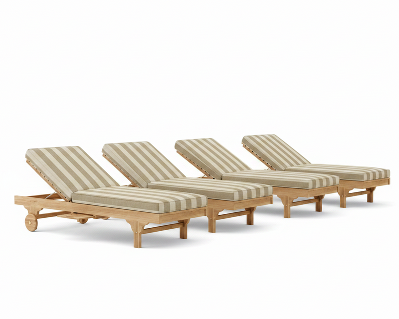 Four wooden lounge chairs with striped cushions on a white background
