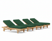 Set of four green cushioned lounge chairs with wooden frames on a white background