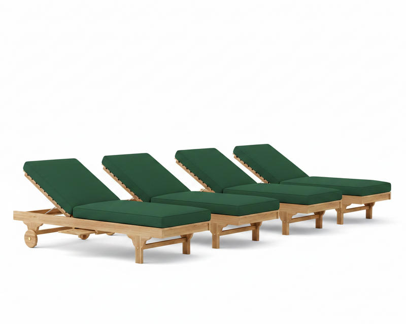 Set of four green cushioned lounge chairs with wooden frames on a white background